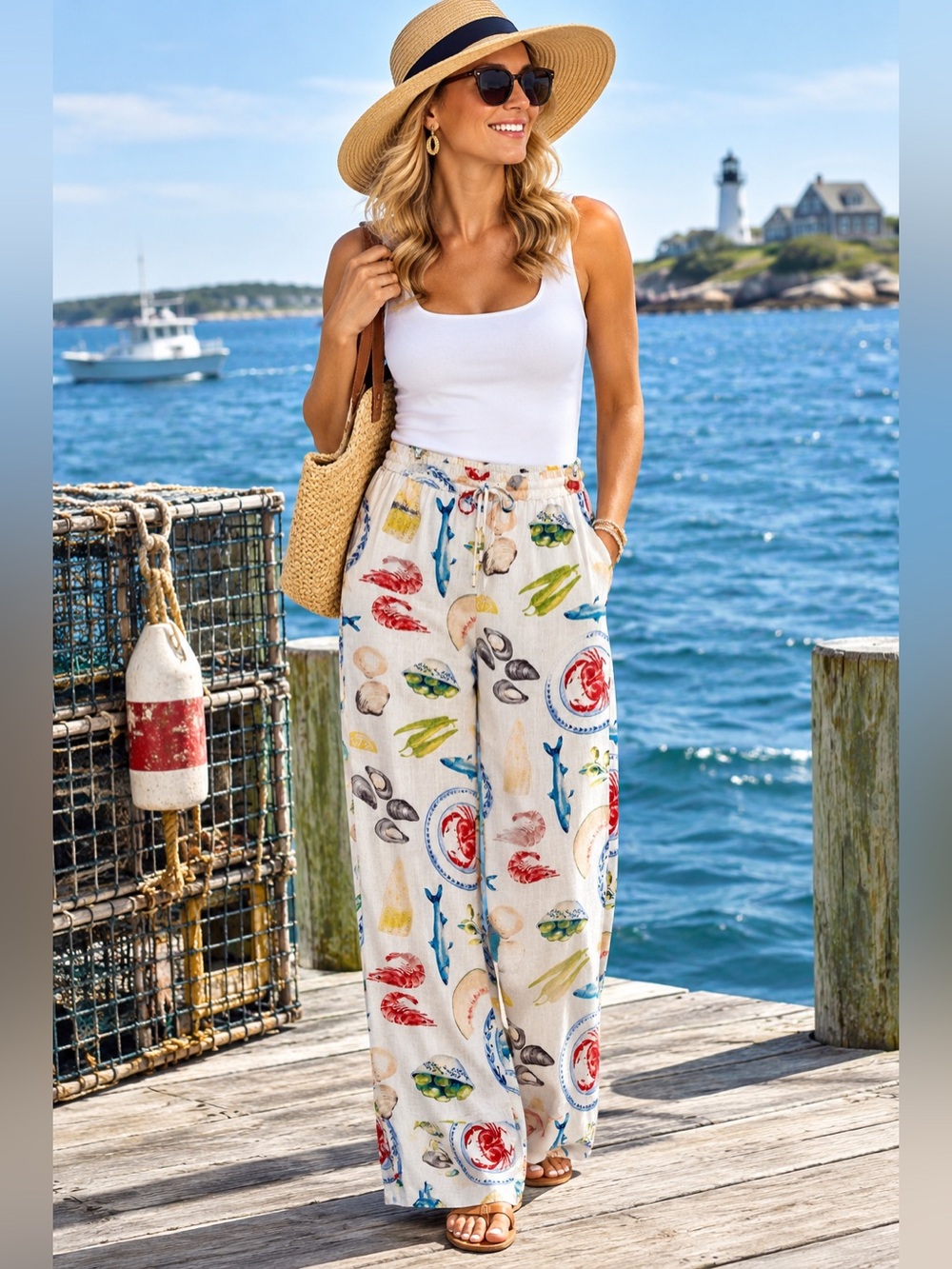 Calypso St. Barth Seafood & Tapas Print Wide-Leg Linen Blend Lined Pants Sz. S
